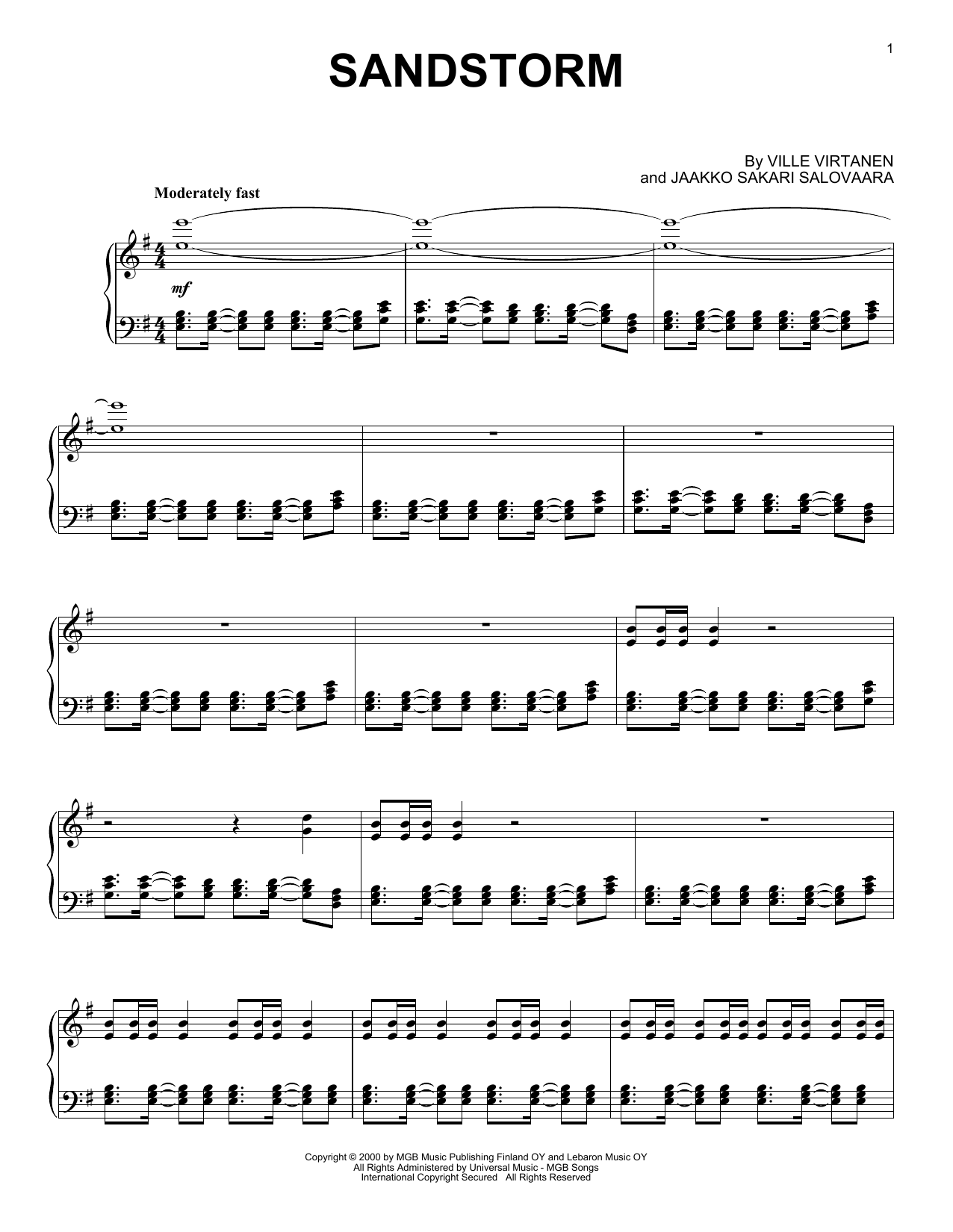 Darude Sandstorm sheet music notes and chords arranged for Piano Solo
