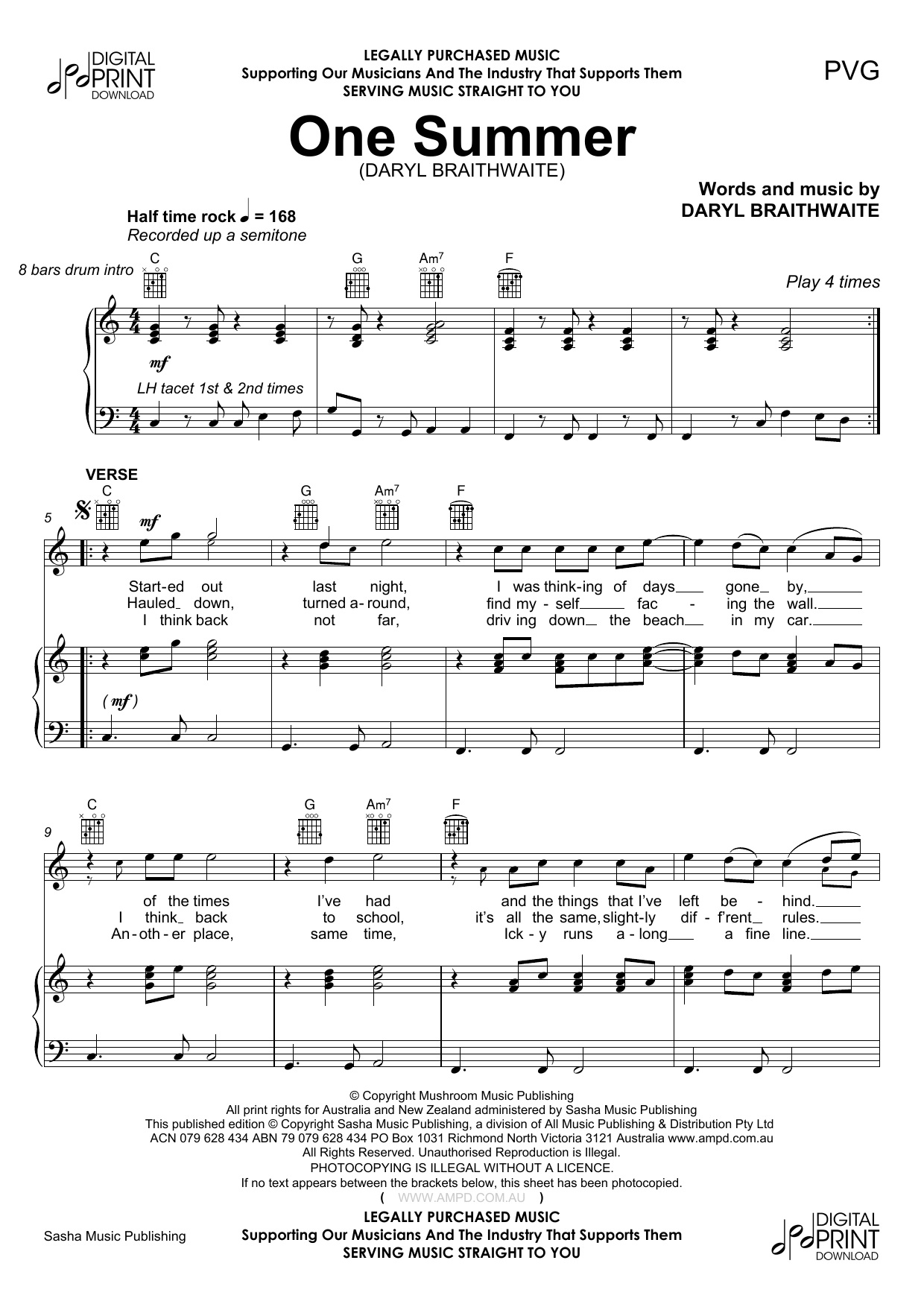 Daryl Braithwaite One Summer sheet music notes and chords arranged for Piano, Vocal & Guitar Chords (Right-Hand Melody)