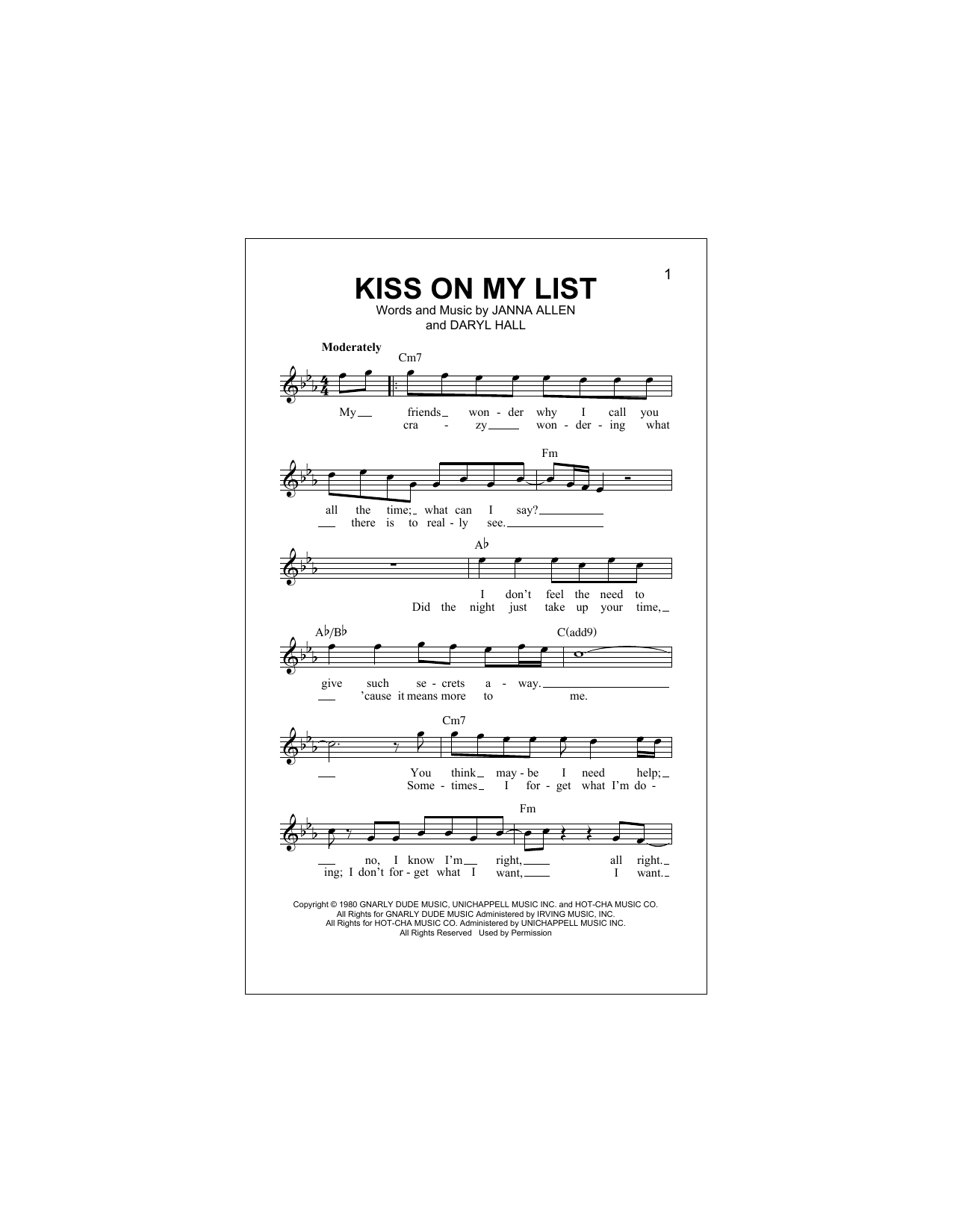 Daryl Hall & John Oates Kiss On My List sheet music notes and chords arranged for Super Easy Piano