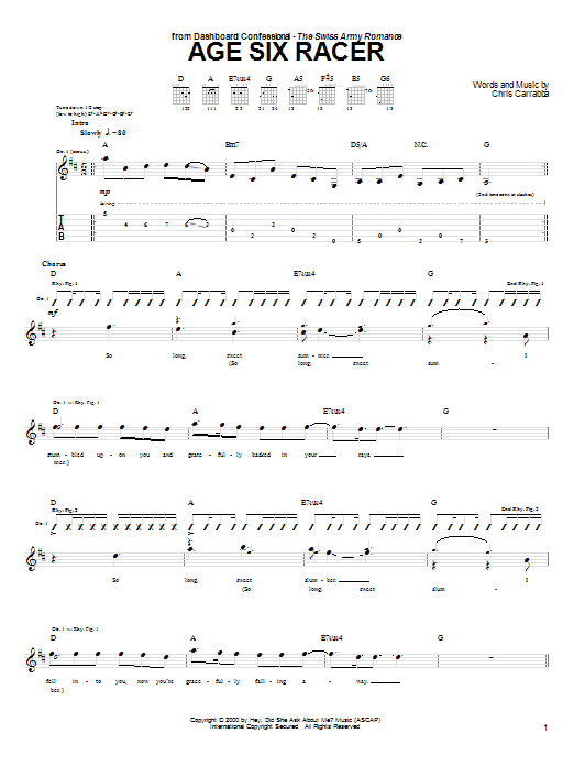 Dashboard Confessional Age Six Racer sheet music notes and chords arranged for Guitar Tab