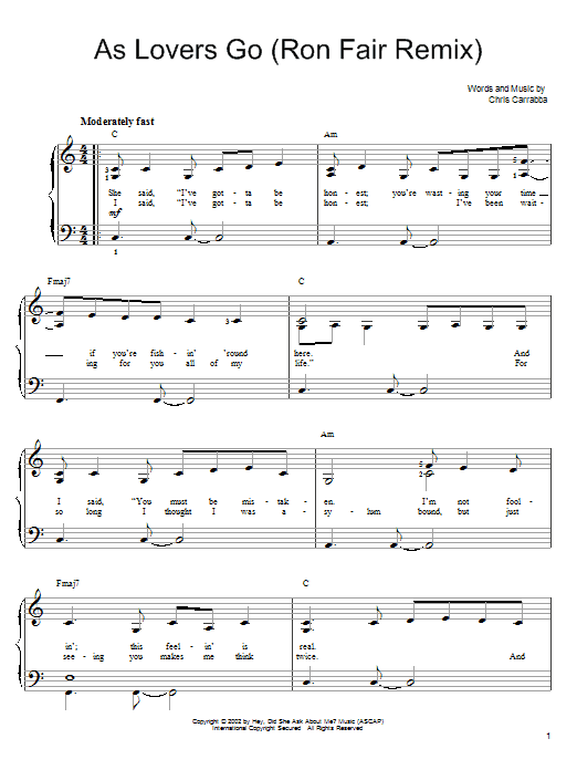 Dashboard Confessional As Lovers Go sheet music notes and chords arranged for Easy Piano
