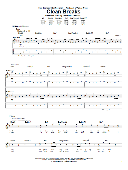Dashboard Confessional Clean Breaks sheet music notes and chords arranged for Guitar Tab