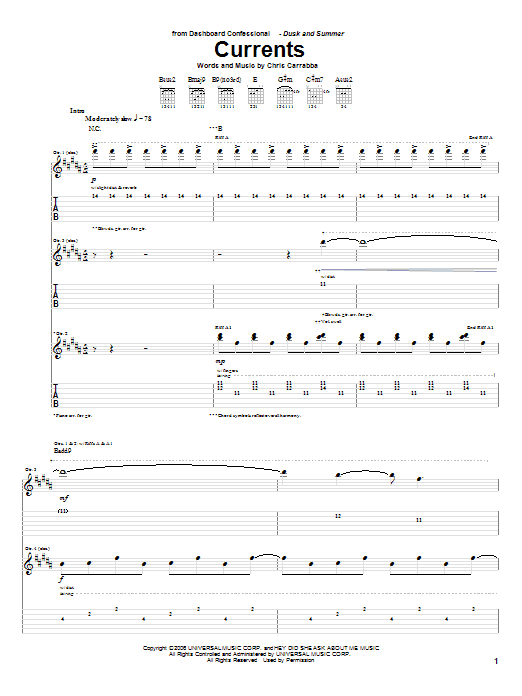 Dashboard Confessional Currents sheet music notes and chords arranged for Guitar Tab