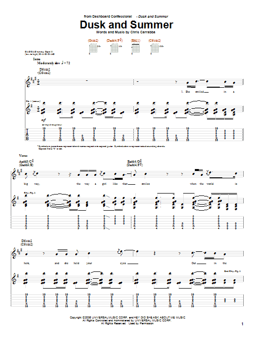 Dashboard Confessional Dusk And Summer sheet music notes and chords arranged for Guitar Tab