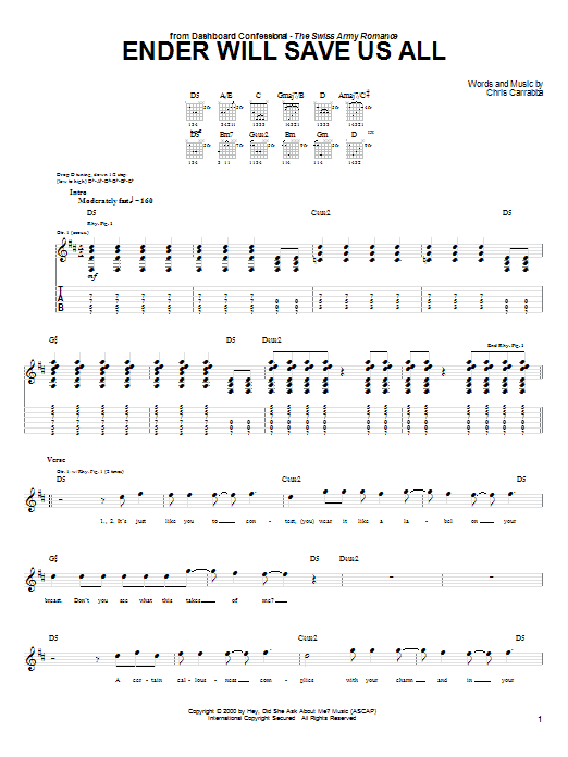 Dashboard Confessional Ender Will Save Us All sheet music notes and chords arranged for Guitar Tab