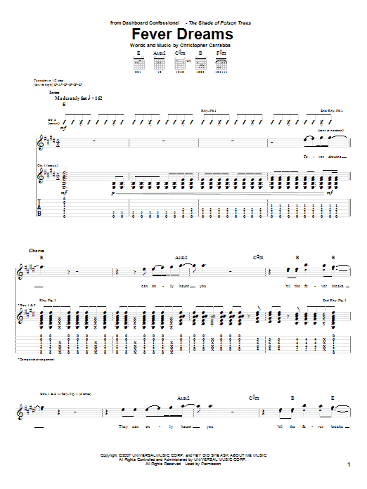 Dashboard Confessional Fever Dreams sheet music notes and chords arranged for Guitar Tab
