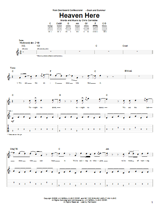 Dashboard Confessional Heaven Here sheet music notes and chords arranged for Guitar Tab