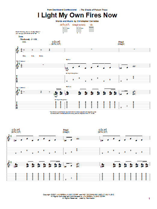 Dashboard Confessional I Light My Own Fires Now sheet music notes and chords arranged for Guitar Tab