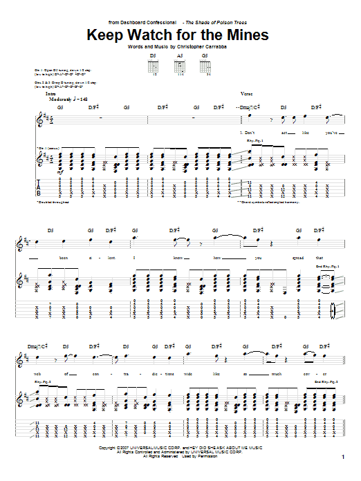 Dashboard Confessional Keep Watch For The Mines sheet music notes and chords arranged for Guitar Tab