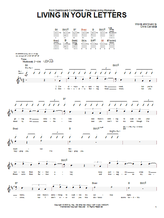 Dashboard Confessional Living In Your Letters sheet music notes and chords arranged for Guitar Tab