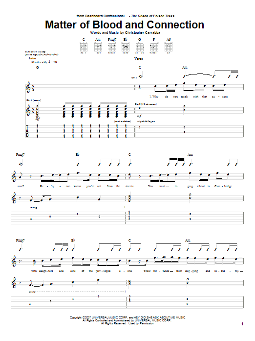 Dashboard Confessional Matter Of Blood And Connection sheet music notes and chords arranged for Guitar Tab
