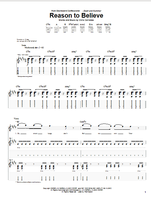 Dashboard Confessional Reason To Believe sheet music notes and chords arranged for Guitar Tab