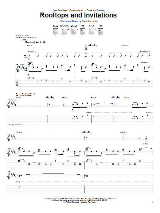 Dashboard Confessional Rooftops And Invitations sheet music notes and chords arranged for Guitar Tab