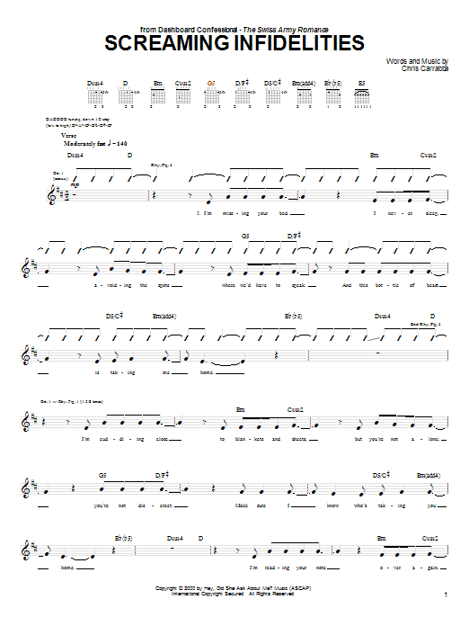 Dashboard Confessional Screaming Infidelities sheet music notes and chords arranged for Guitar Tab