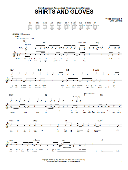 Dashboard Confessional Shirts And Gloves sheet music notes and chords arranged for Guitar Tab