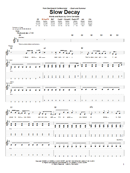 Dashboard Confessional Slow Decay sheet music notes and chords arranged for Guitar Tab