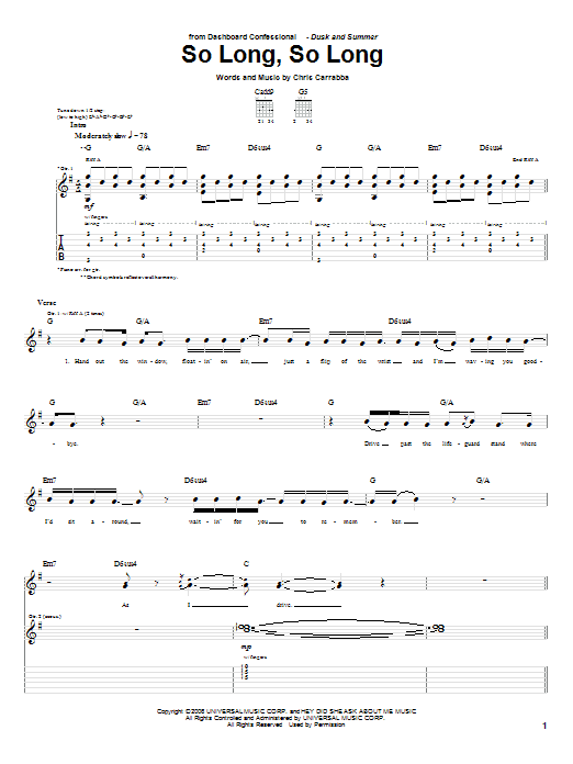 Dashboard Confessional So Long, So Long sheet music notes and chords arranged for Guitar Tab