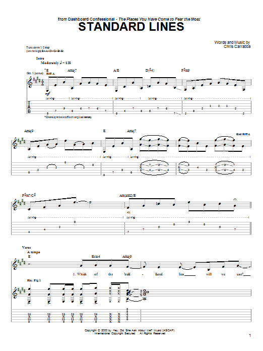 Dashboard Confessional Standard Lines sheet music notes and chords arranged for Guitar Tab