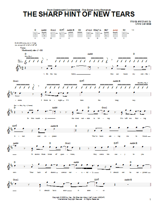 Dashboard Confessional The Sharp Hint Of New Tears sheet music notes and chords arranged for Guitar Tab