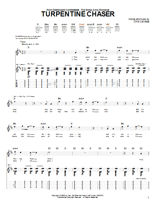 Dashboard Confessional Turpentine Chaser sheet music notes and chords arranged for Guitar Tab