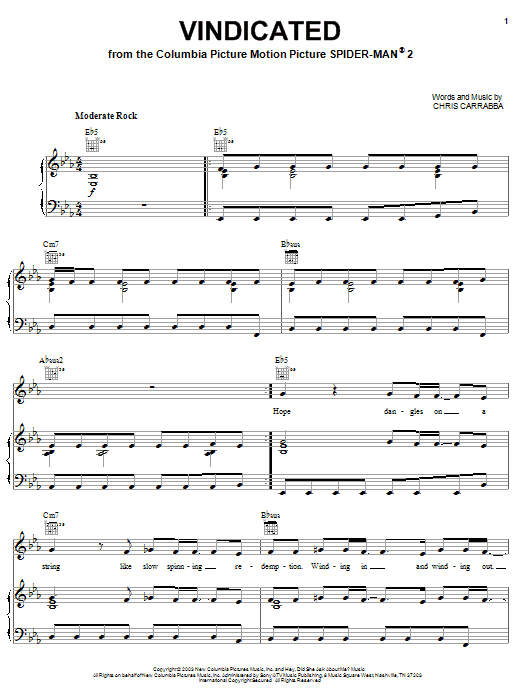 Dashboard Confessional Vindicated sheet music notes and chords arranged for Piano, Vocal & Guitar Chords (Right-Hand Melody)