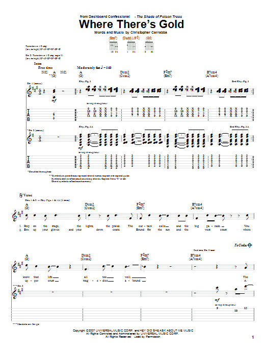 Dashboard Confessional Where There's Gold sheet music notes and chords arranged for Guitar Tab