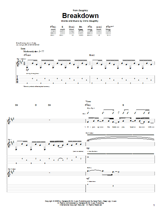 Daughtry Breakdown sheet music notes and chords arranged for Piano, Vocal & Guitar Chords (Right-Hand Melody)
