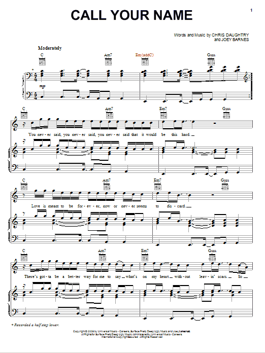 Daughtry Call Your Name sheet music notes and chords arranged for Piano, Vocal & Guitar Chords (Right-Hand Melody)