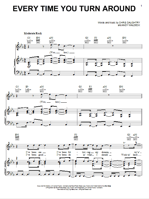 Daughtry Every Time You Turn Around sheet music notes and chords arranged for Piano, Vocal & Guitar Chords (Right-Hand Melody)