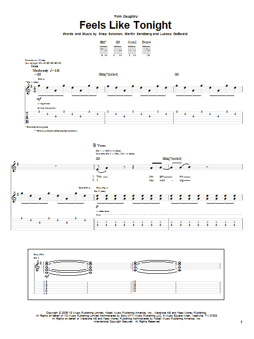 Daughtry Feels Like Tonight sheet music notes and chords arranged for Piano, Vocal & Guitar Chords (Right-Hand Melody)