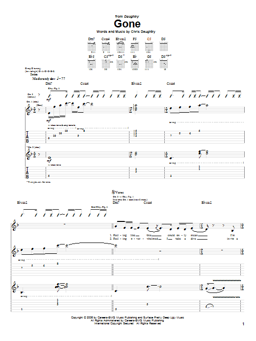 Daughtry Gone sheet music notes and chords arranged for Guitar Tab