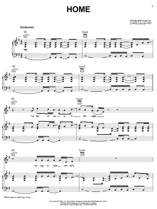 Daughtry Home sheet music notes and chords arranged for Piano, Vocal & Guitar Chords (Right-Hand Melody)
