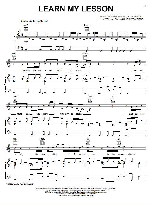 Daughtry Learn My Lesson sheet music notes and chords arranged for Piano, Vocal & Guitar Chords (Right-Hand Melody)