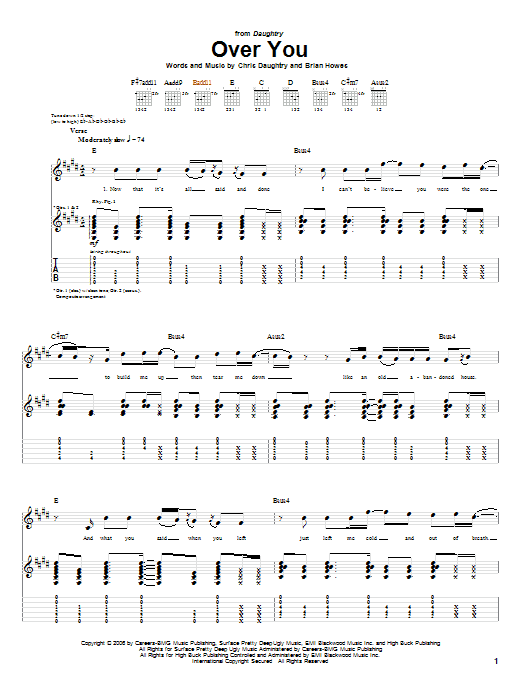 Daughtry Over You sheet music notes and chords arranged for Piano, Vocal & Guitar Chords (Right-Hand Melody)