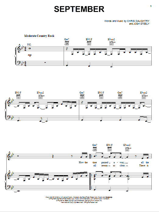 Daughtry September sheet music notes and chords arranged for Piano, Vocal & Guitar Chords (Right-Hand Melody)