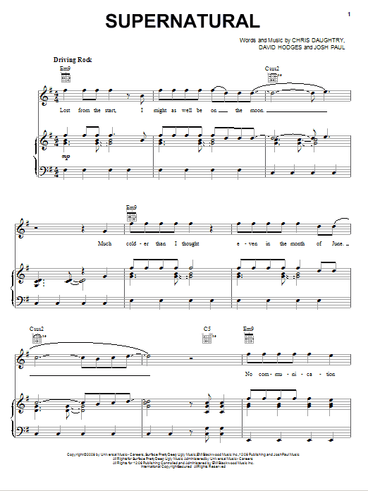 Daughtry Supernatural sheet music notes and chords arranged for Piano, Vocal & Guitar Chords (Right-Hand Melody)