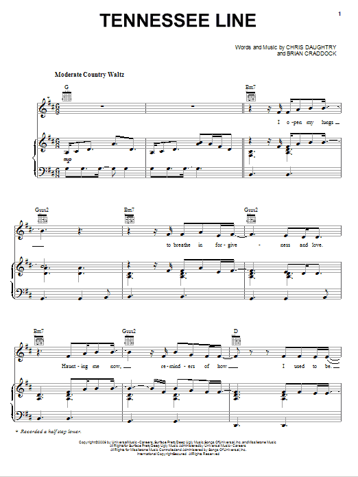 Daughtry Tennessee Line sheet music notes and chords arranged for Piano, Vocal & Guitar Chords (Right-Hand Melody)