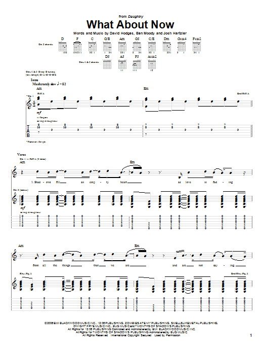 Daughtry What About Now sheet music notes and chords arranged for Easy Guitar Tab