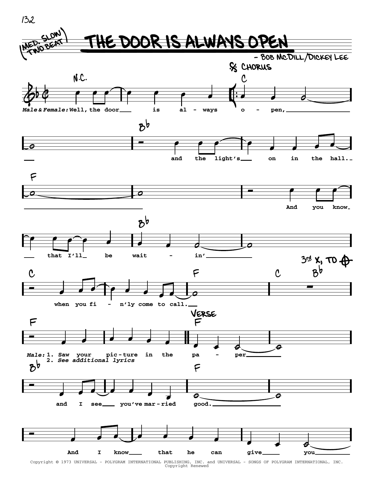 Dave & Sugar The Door Is Always Open sheet music notes and chords arranged for Real Book – Melody, Lyrics & Chords