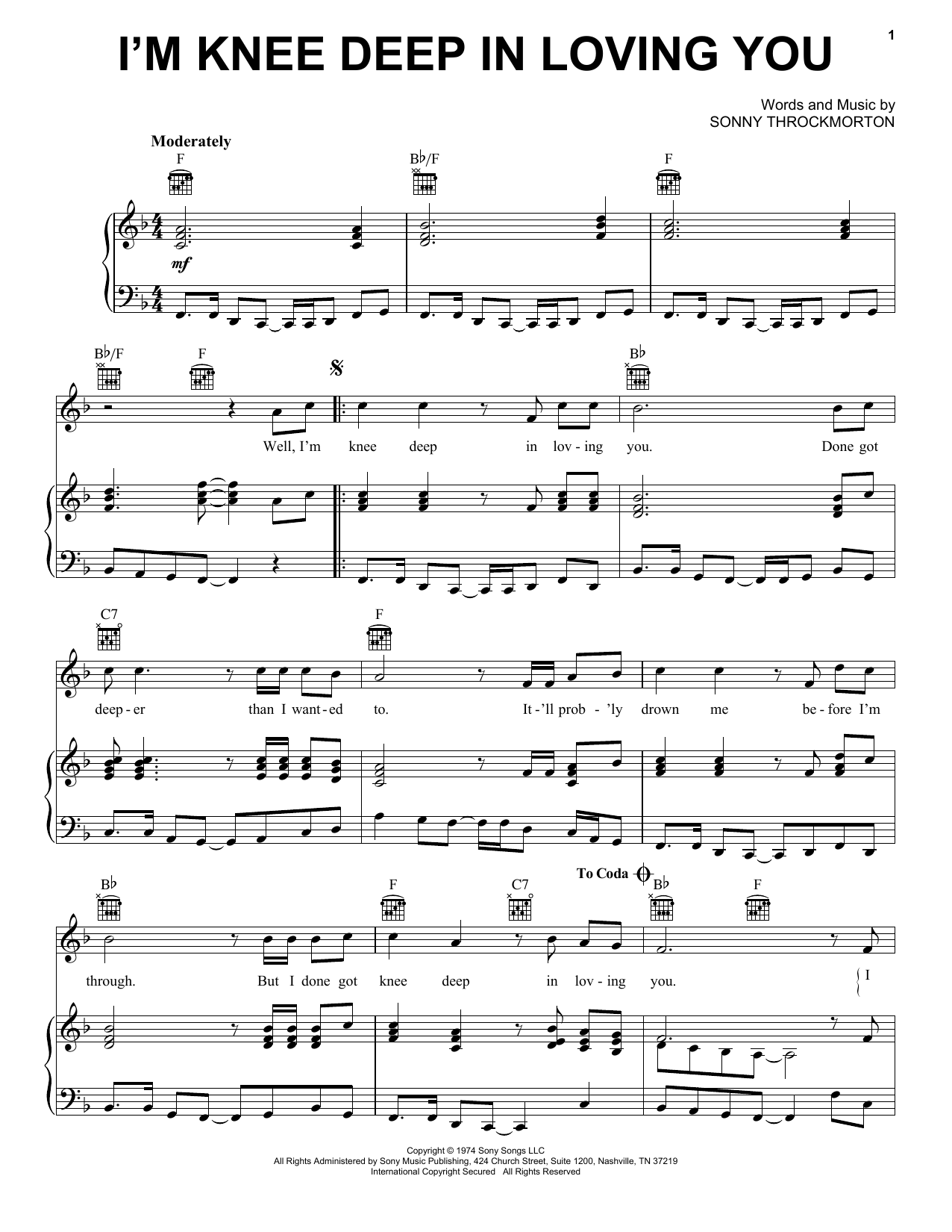 Dave and Sugar I'm Knee Deep In Loving You sheet music notes and chords arranged for Piano, Vocal & Guitar Chords (Right-Hand Melody)