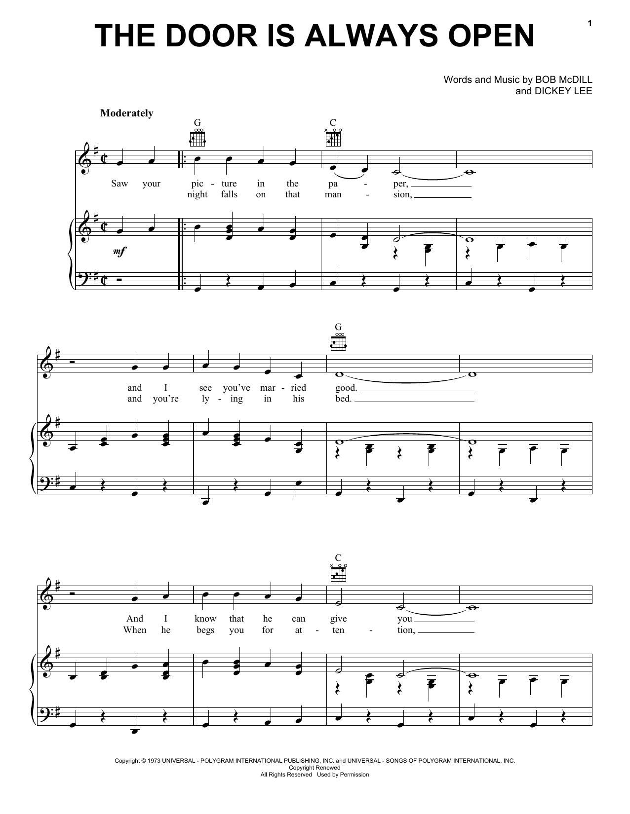 Dave and Sugar The Door Is Always Open sheet music notes and chords arranged for Piano, Vocal & Guitar Chords (Right-Hand Melody)