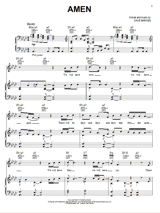 Dave Barnes Amen sheet music notes and chords arranged for Piano, Vocal & Guitar Chords (Right-Hand Melody)