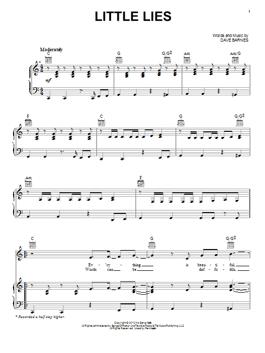 Dave Barnes Little Lies sheet music notes and chords arranged for Piano, Vocal & Guitar Chords (Right-Hand Melody)