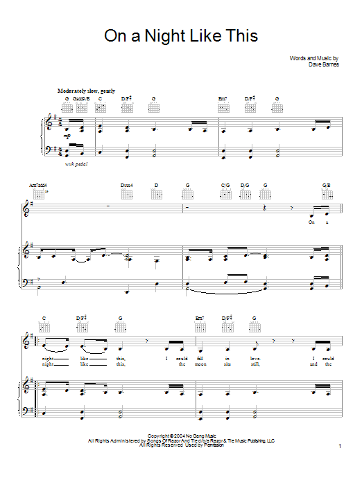 Dave Barnes On A Night Like This sheet music notes and chords arranged for Piano, Vocal & Guitar Chords (Right-Hand Melody)