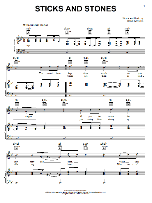 Dave Barnes Sticks And Stones sheet music notes and chords arranged for Piano, Vocal & Guitar Chords (Right-Hand Melody)