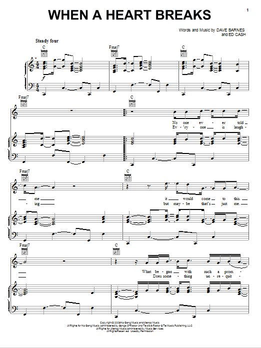 Dave Barnes When A Heart Breaks sheet music notes and chords arranged for Piano, Vocal & Guitar Chords (Right-Hand Melody)