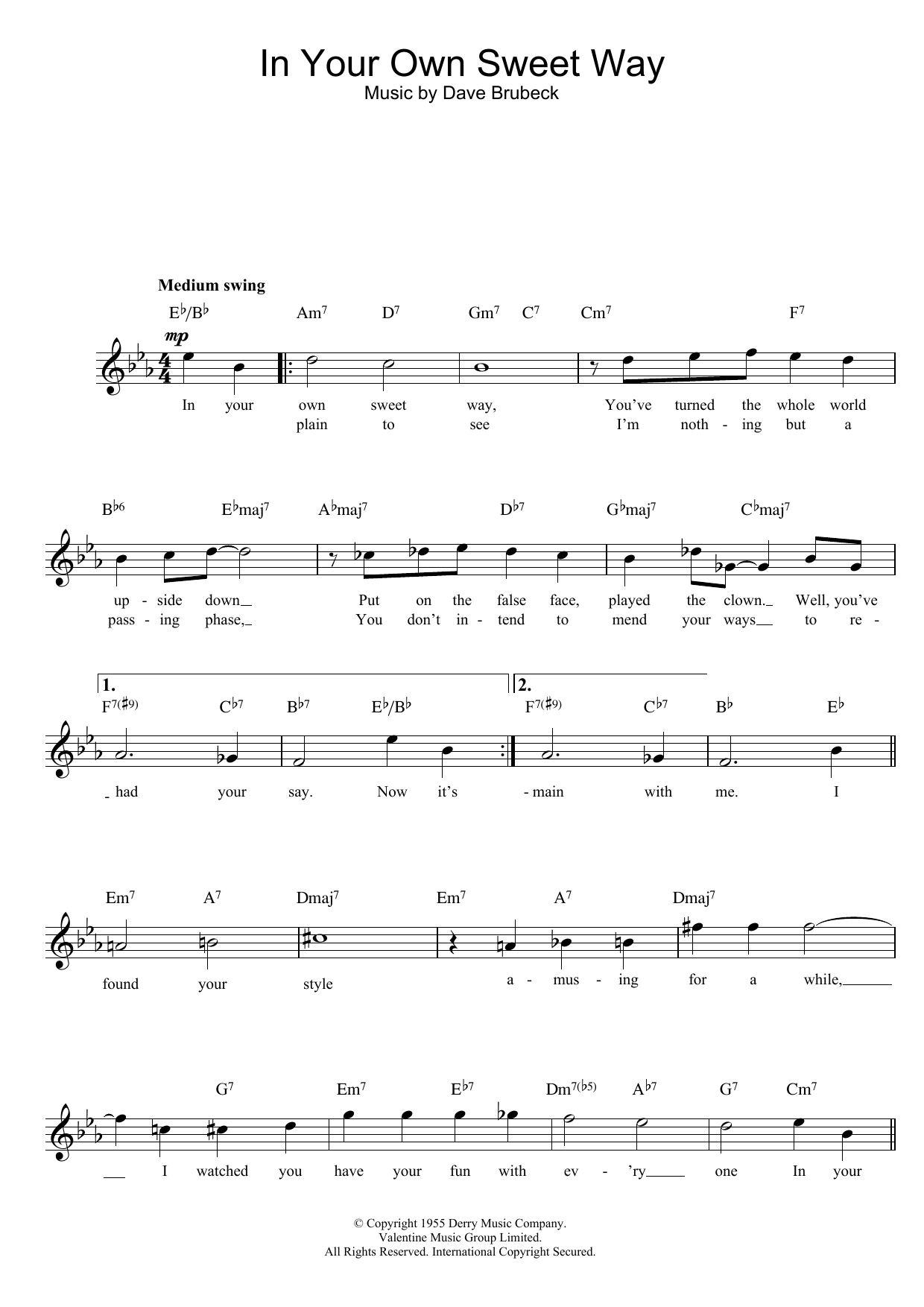 Dave Brubeck In Your Own Sweet Way sheet music notes and chords arranged for Piano, Vocal & Guitar Chords (Right-Hand Melody)
