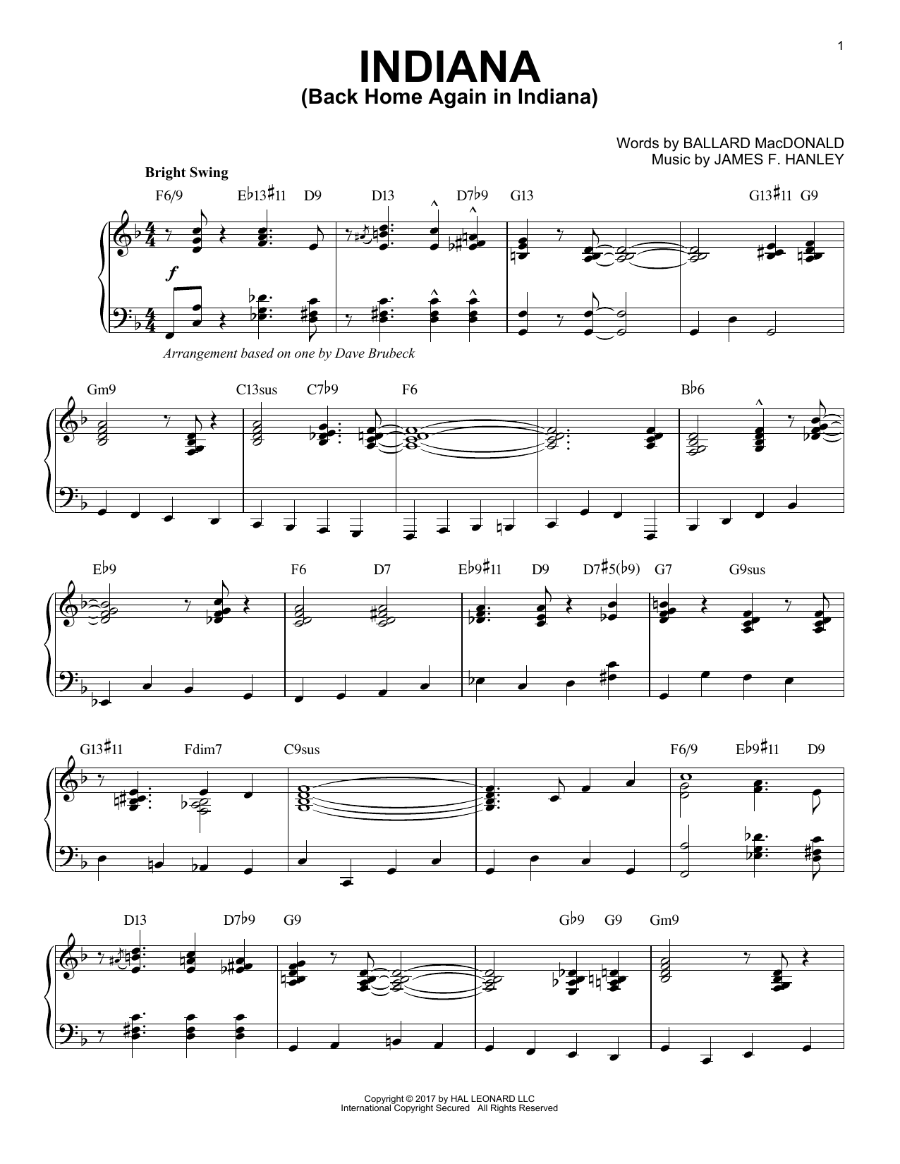 Dave Brubeck Indiana (Back Home Again In Indiana) sheet music notes and chords arranged for Piano Solo