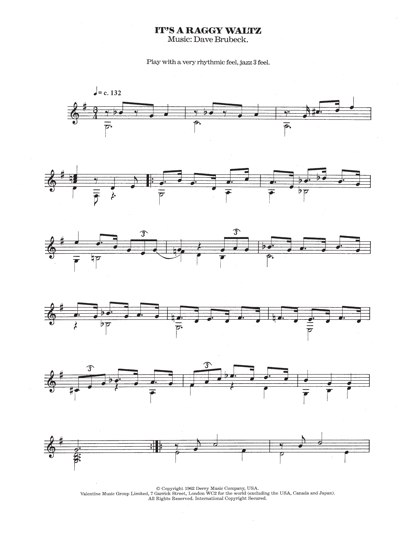Dave Brubeck It's A Raggy Waltz sheet music notes and chords arranged for Easy Guitar