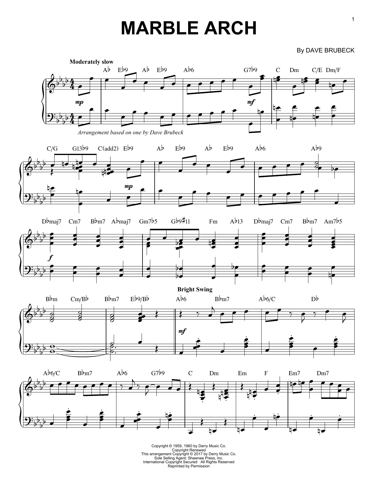 Dave Brubeck Marble Arch sheet music notes and chords arranged for Piano Solo